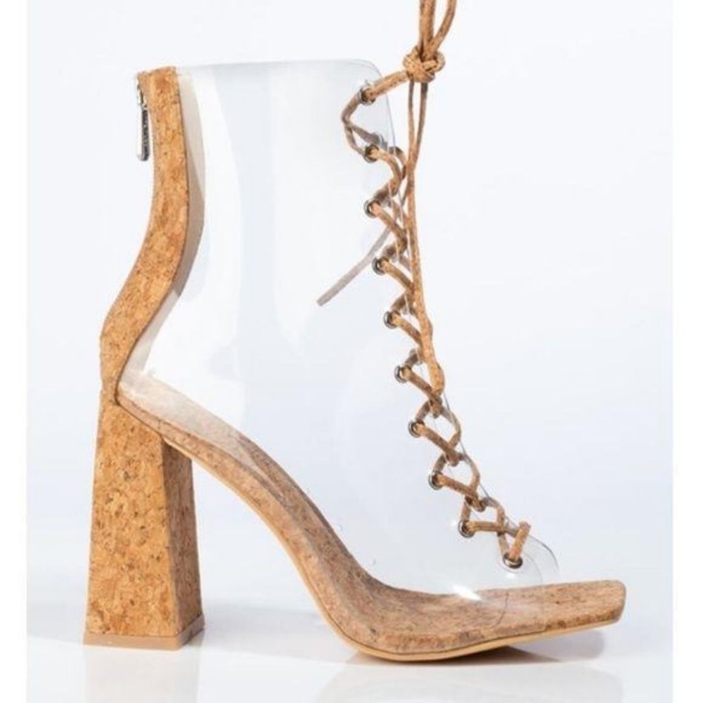 Clear Chunky Heel Peep Toe Lace Up Booties in Cork - Picture 3 of 6
